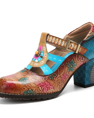  Genuine Leather Bohemian Ethnic Style Buckle Comfy Floral T  strap Heels