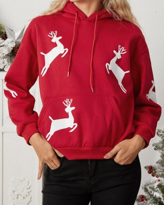 Women Christmas Printed Antler Fleece Thick Casual Hooded Sweatshirt