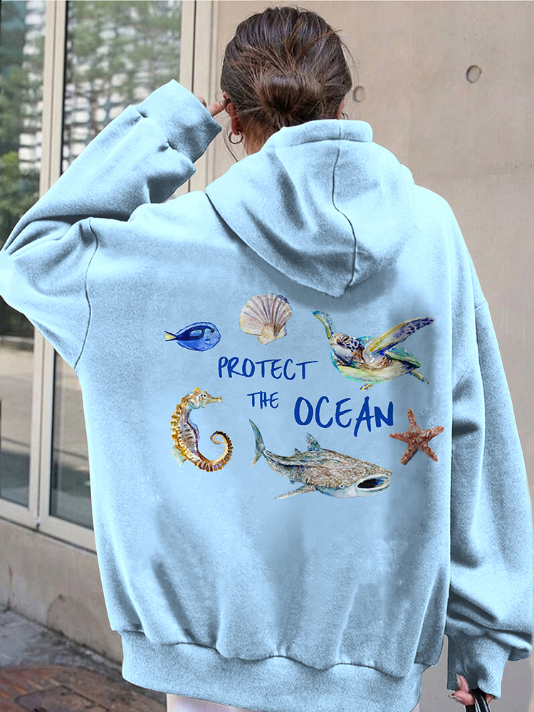 Vintage Protect The Ocean Pattern Hoodie