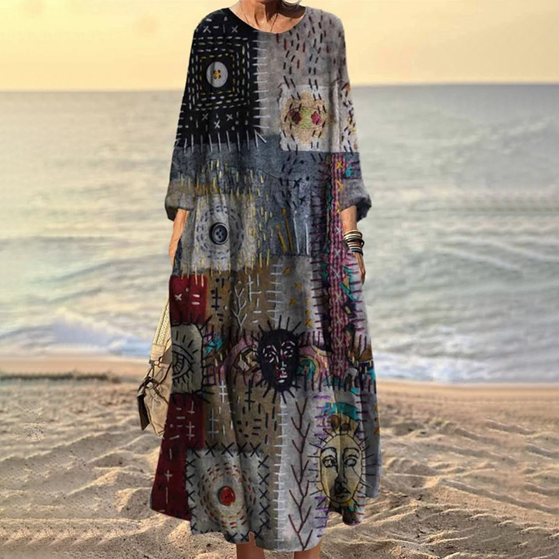 Vintage Stitching Geometric Pattern Women's Linen Maxi Dress