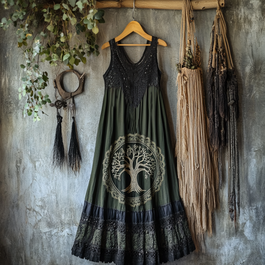 Vintage Tribal Celtic Knot Life Of Tree Lace Patchwork Art Linen Tank Dress