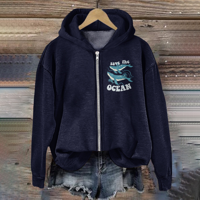 Save Our Ocean Pattern Zip Up Hoodie