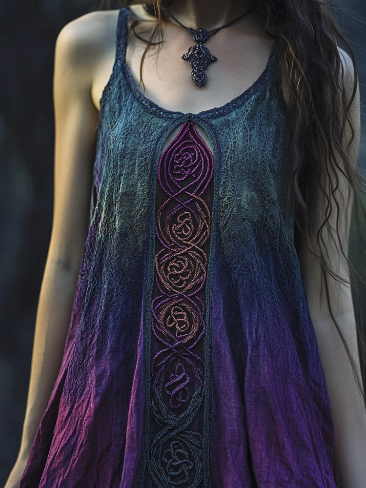 Vintage Celtic Knot Gradient Lace Linen Halter Dress