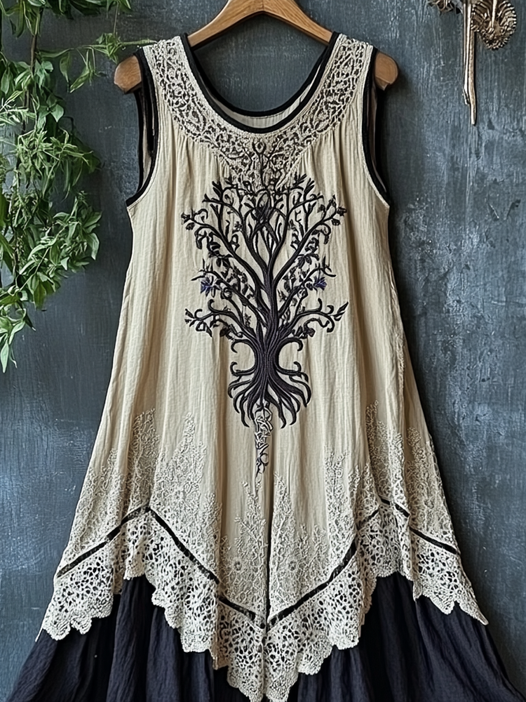 Women's Vintage Tribal Viking Tree Of Life Lace Panel Dress