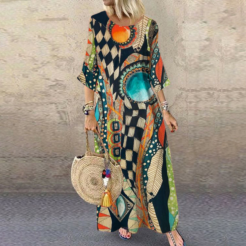 Vintage Geometric Abstract Art Women's Linen Maxi Dress