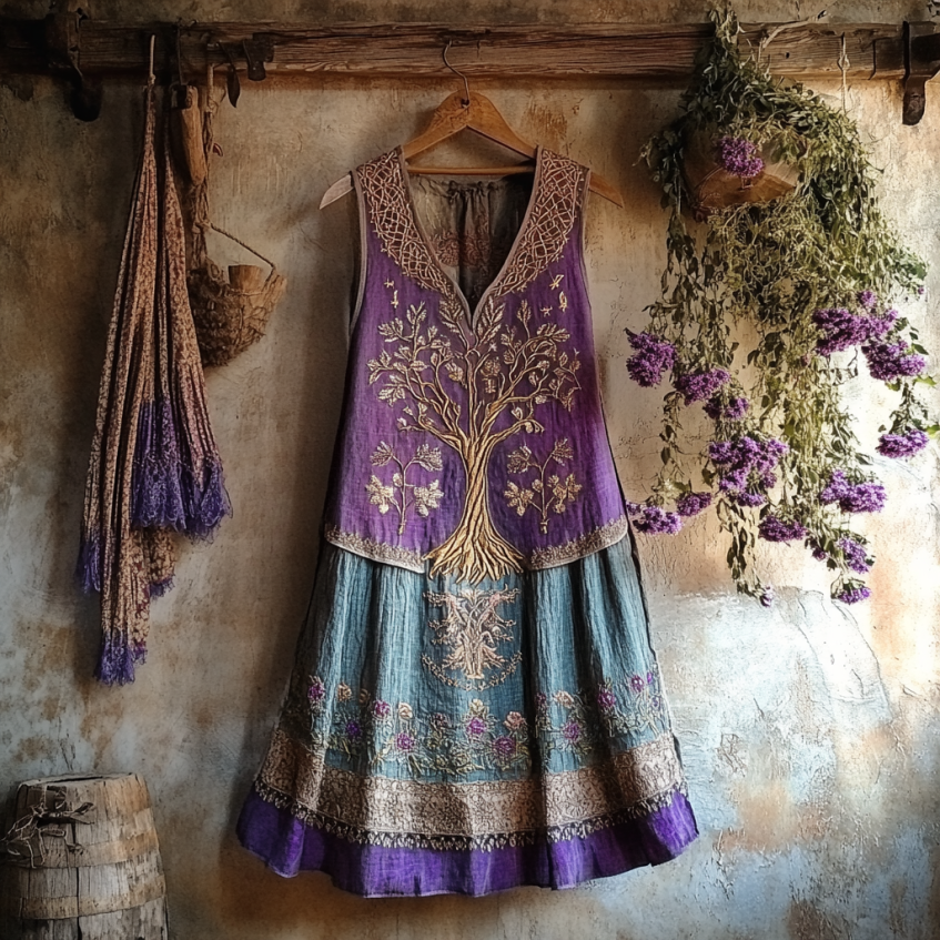 Vintage Viking Tribal Celtic Knot Life Of Tree Patchwork Art Linen Tank Dress