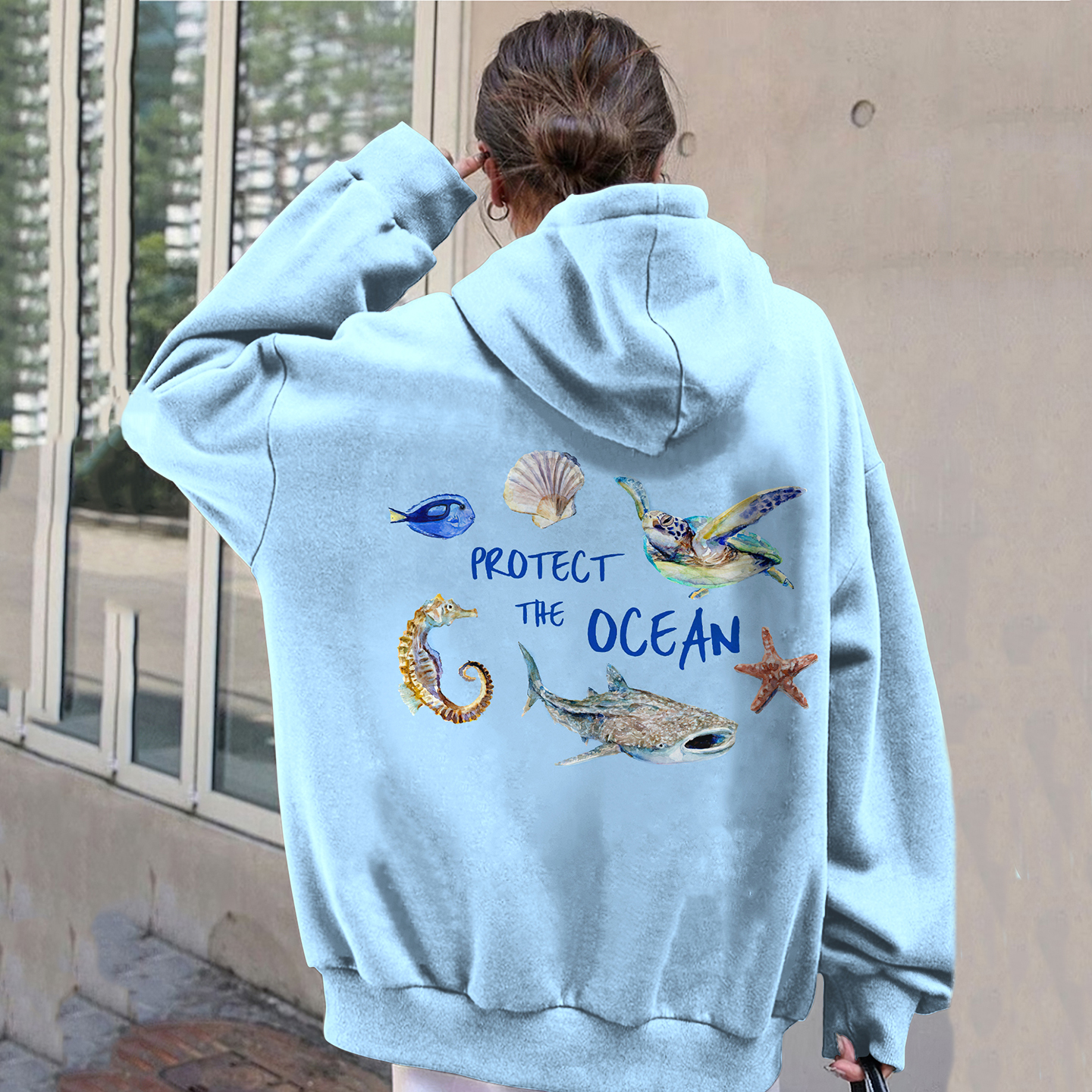 Vintage Protect The Ocean Pattern Hoodie