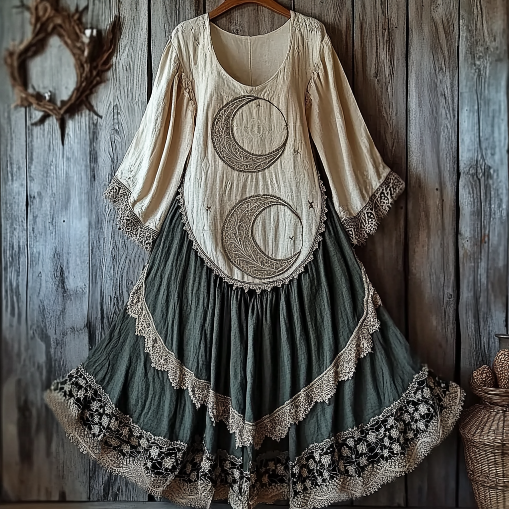 Women's Retro Tribal Star And Moon Splicing Lace Cotton And Linen Long Sleeve Dress