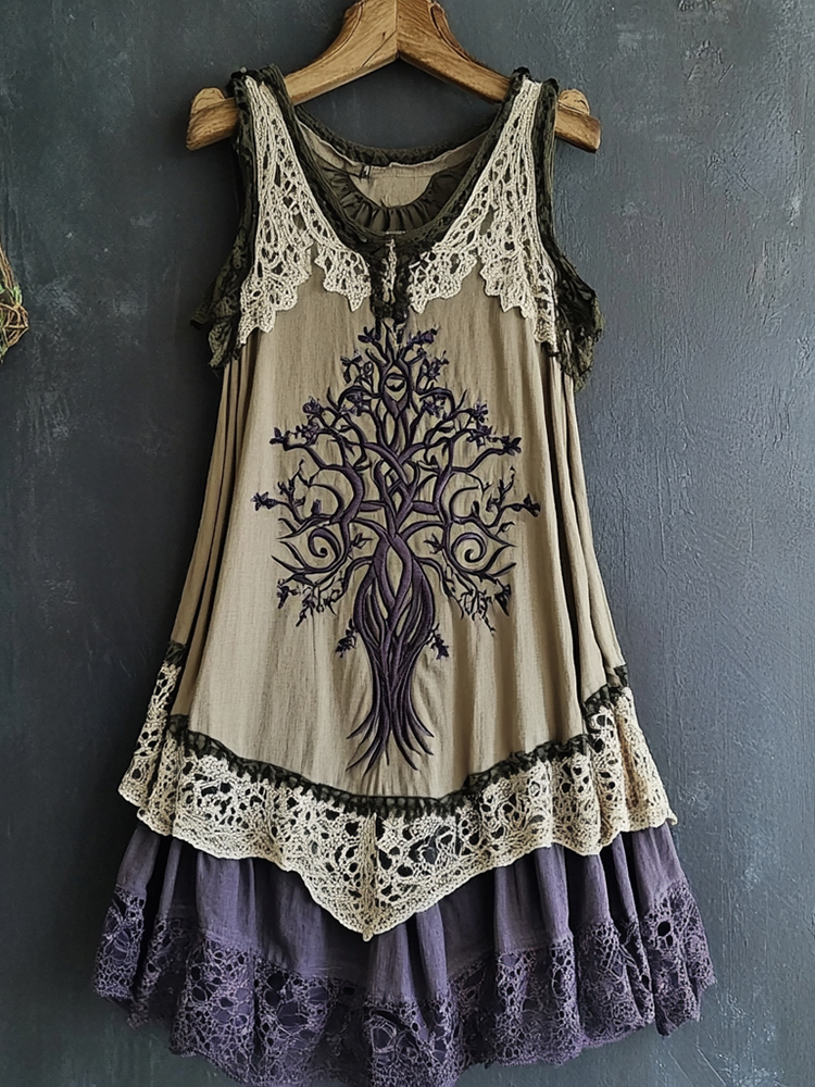 Women's Vintage Tribal Viking Tree Of Life Lace Panel Dress