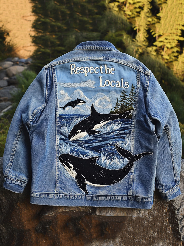 Retro Respect The Locals Waves And Killer Whales Embroidered Art Denim Jacket