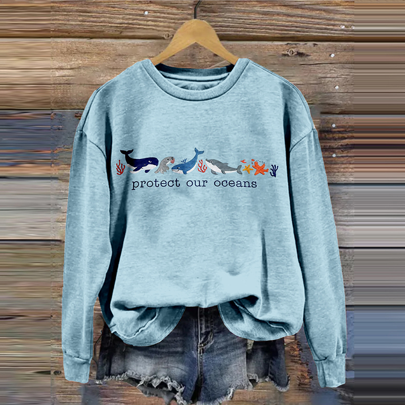 Protect Our Oceans Marine Animals Embroidered Washed Sweatshirt