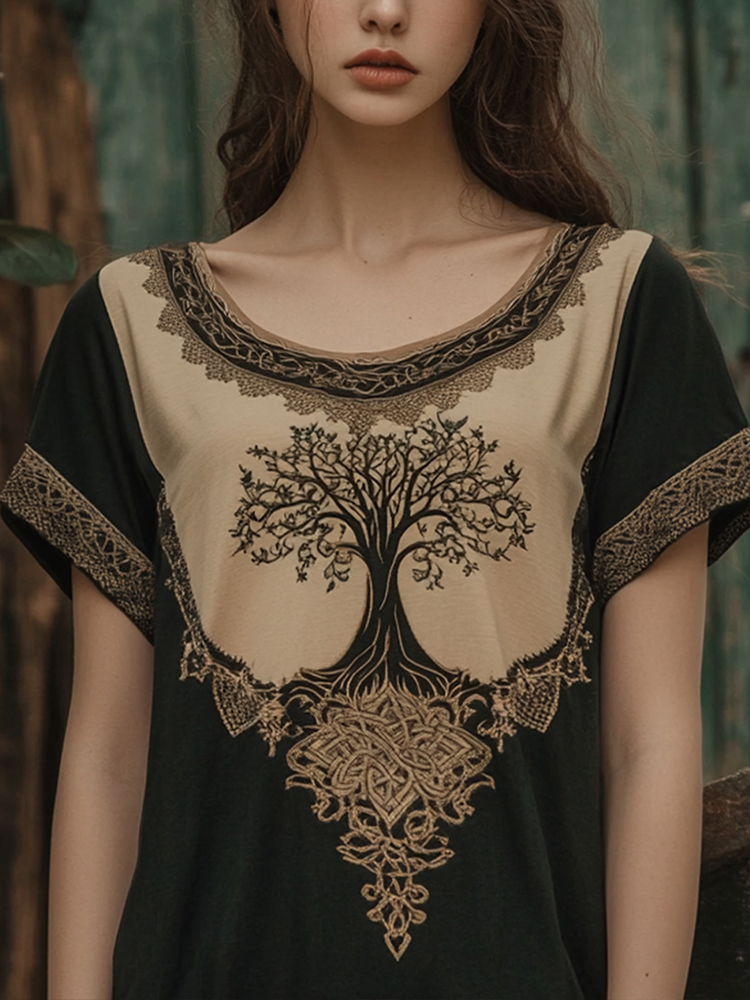 Vintage  Tribal Tree Of Life Print Crew Neck Casual T-shirt
