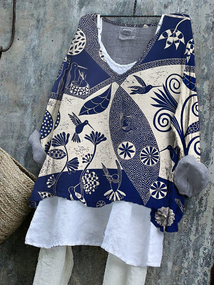 Japanese Flower Bird Geometric Pattern Women's Linen Shirt