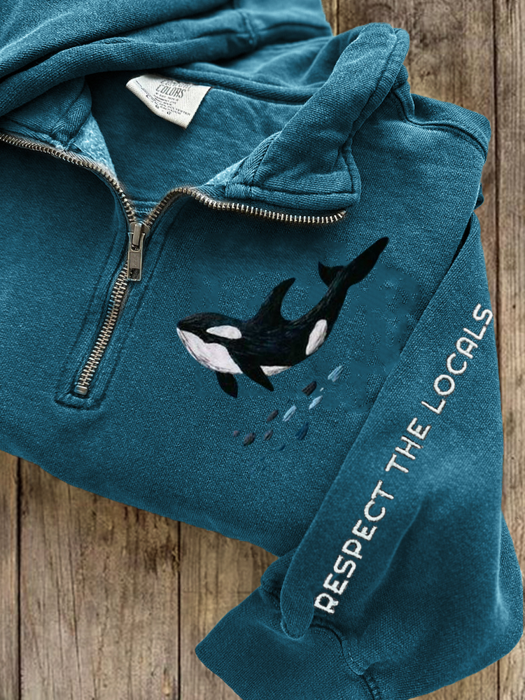 Respect The Locals Killer Whale Embroidered Zip Up Sweatshirt