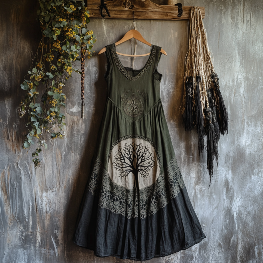 Tribal Celtic Knot Life Of Tree Lace Patchwork Art Linen Tank Dress