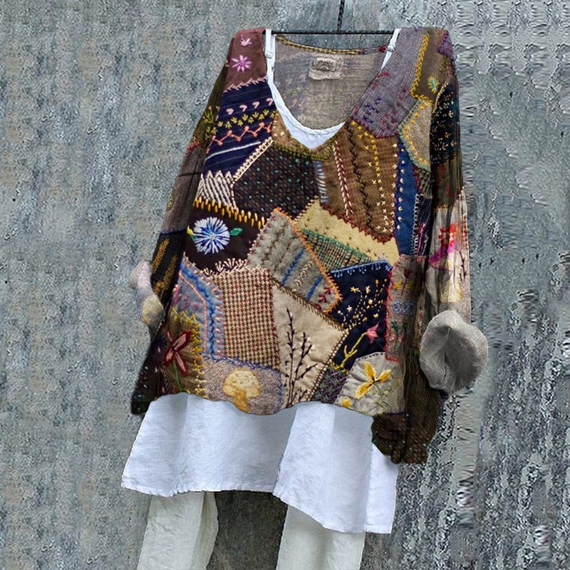 Geometric Stitching Pattern Vintage Women's Linen Shirt