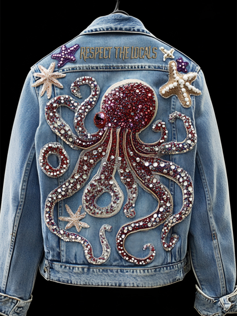 Respect The Locals Octopus With Diamond Embroidered Denim Jacket