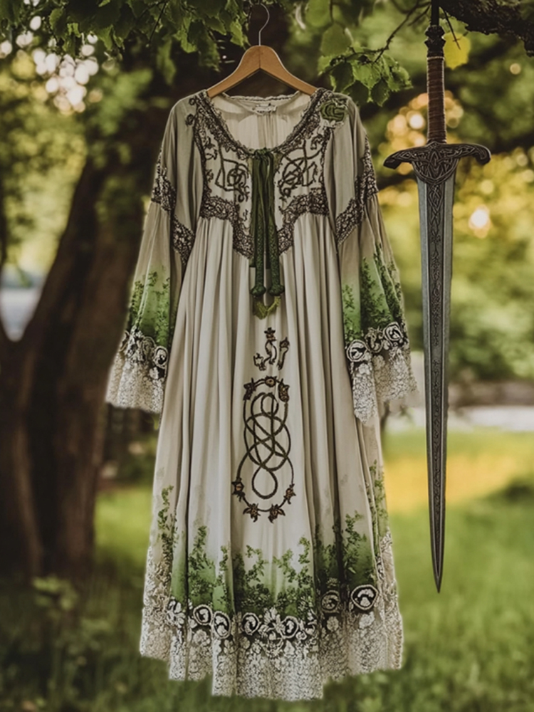 Vintage Viking Pattern Lace Art Casual Maxi Dress