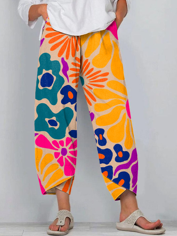 Women's Abstract Art Floral Print Linen Blend Pants