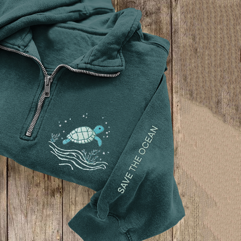 Save The Ocean Sea Turtles Embroidered Zip Up Sweatshirt