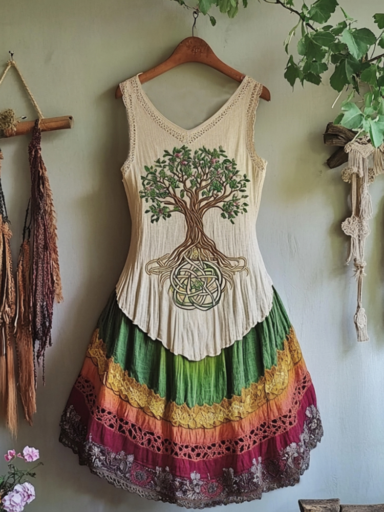 Vintage Tribal Celtic Knot Life Of Tree With Rainbow Patchwork Art Linen Tank Dress