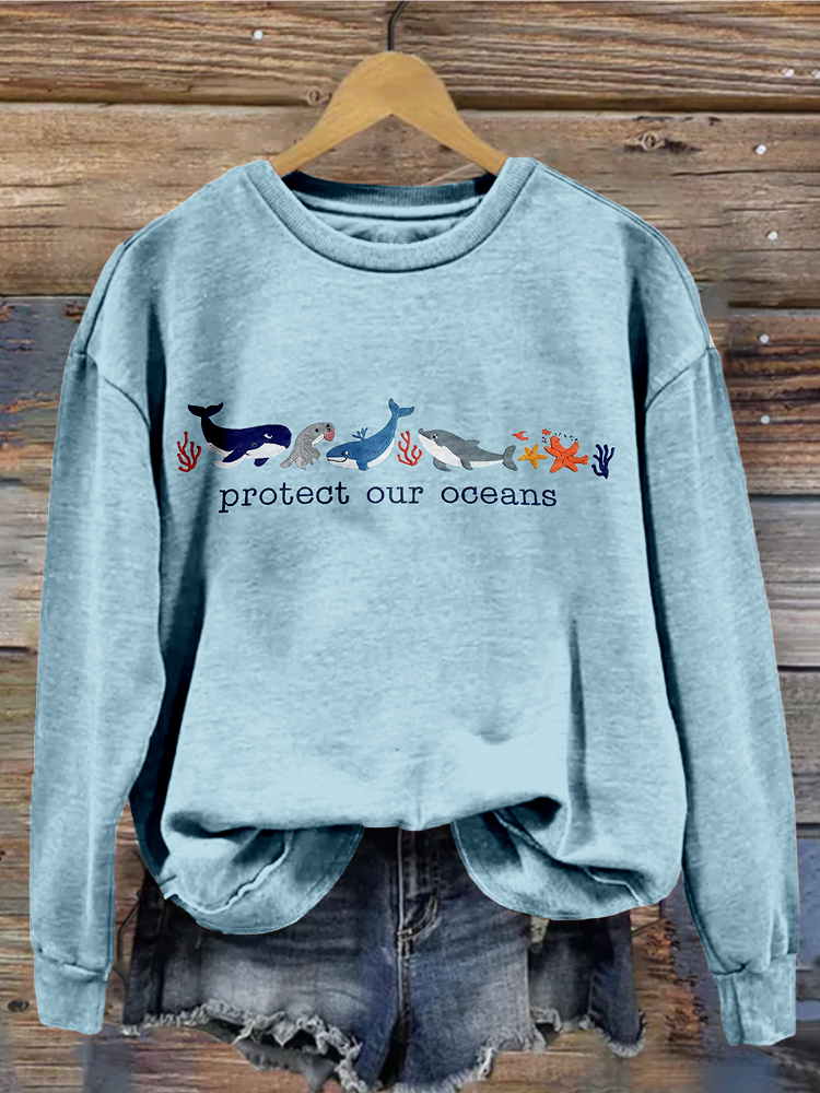Protect Our Oceans Marine Animals Embroidered Washed Sweatshirt