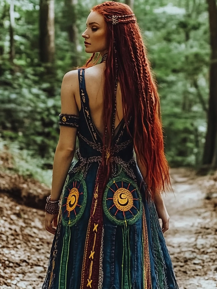 Women's Retro Sun, Moon And Stars Printed Sling Deep V Dress