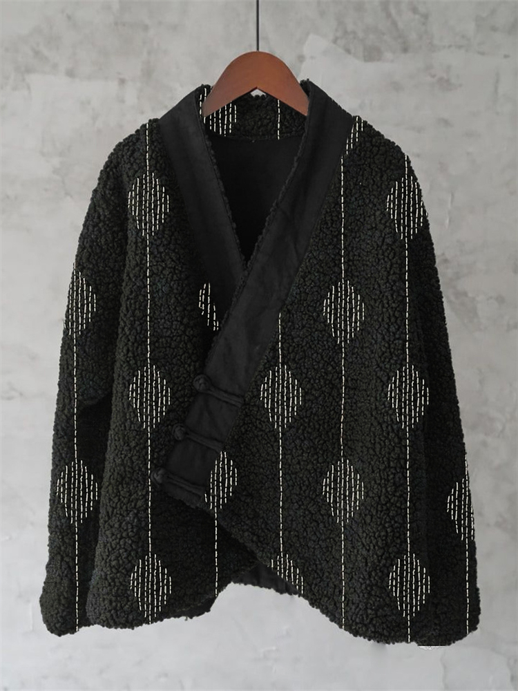 Japanese Embroidered Sashiko Art Cozy Fleece Kimono Cardigan
