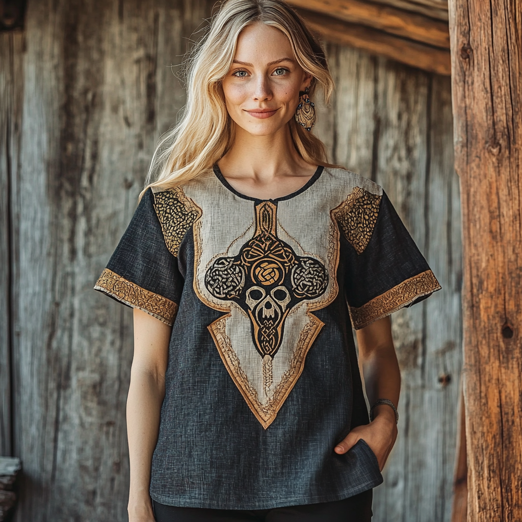 Women's Viking Skull Celtic Knot Art Linen T-shirt