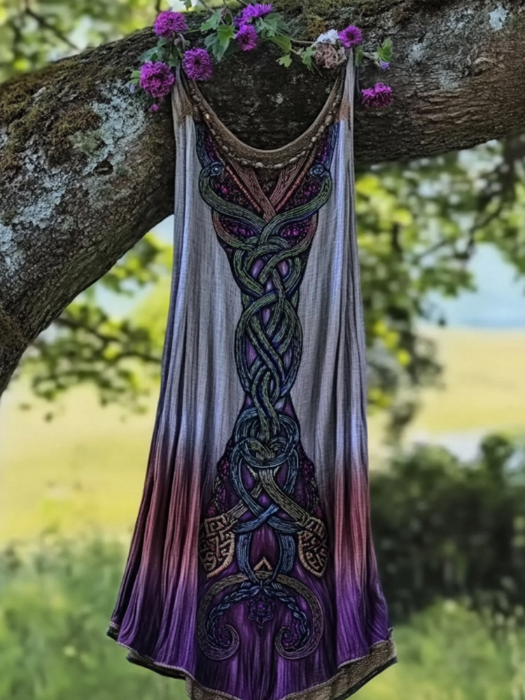 Vintage Viking Celtic Knot Gradient  Linen Midi Dress