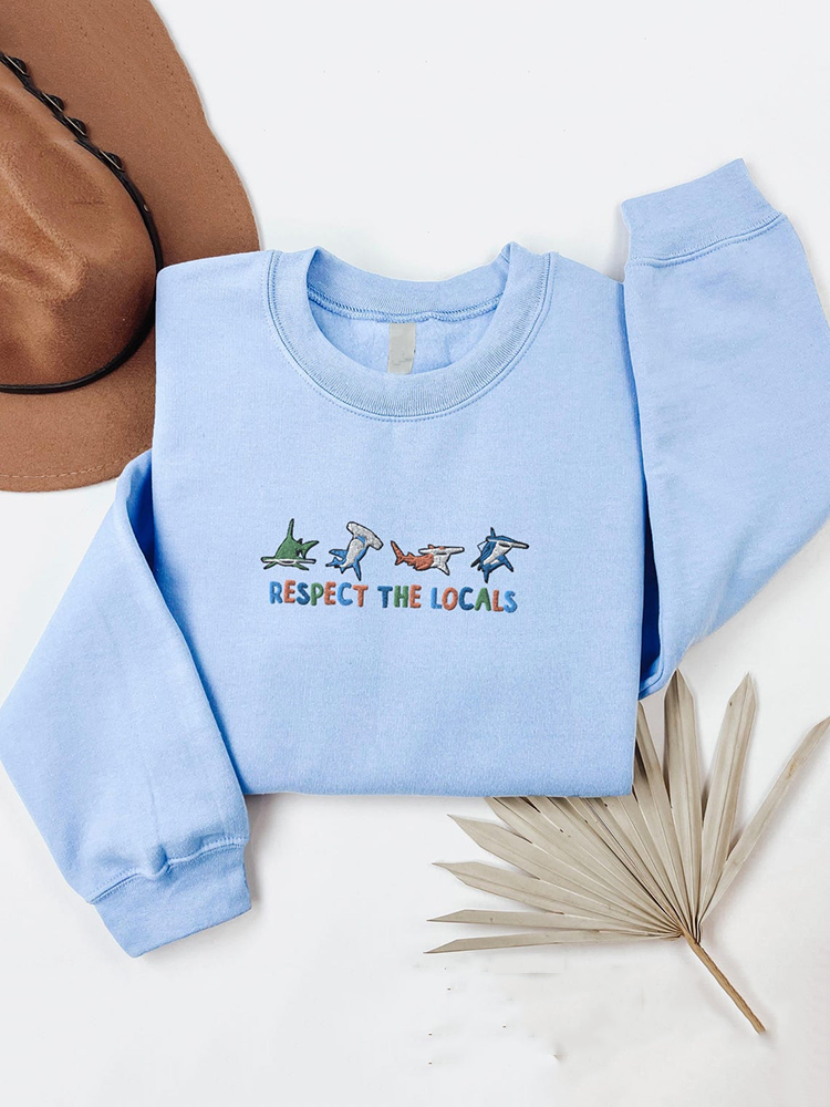 Respect The Locals Ocean Shark Embroidered Women's Comfort Crew Neck Sweatshirt
