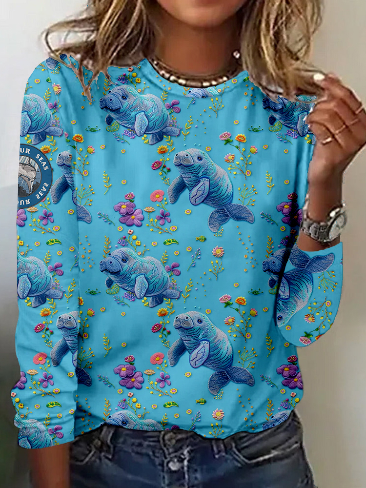 Save Our Seas Floral Manatee Embroidered Comfy T Shirt