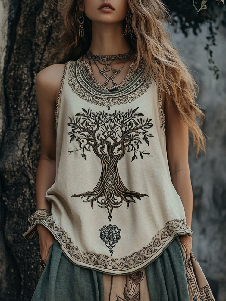Vintage Tribal Tree Of Life Print Sleeveless Linen Blend Tank Top