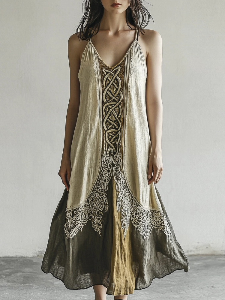 Vintage Celtic Knot Gradient Lace Linen Halter Dress