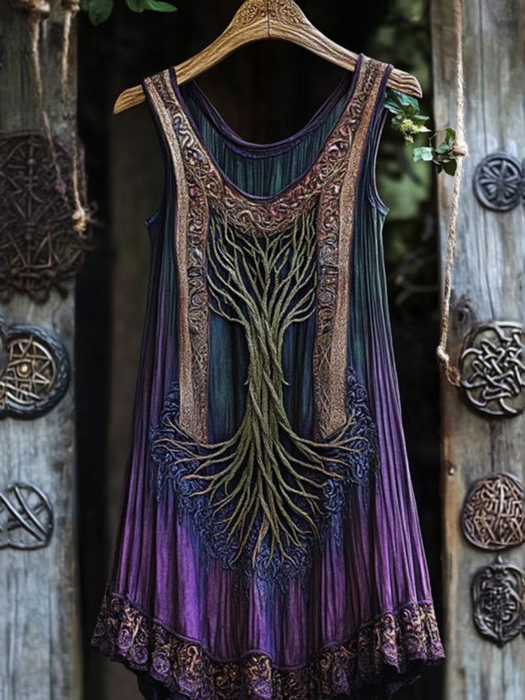 Vintage Celtic Tree Gradient Lace Linen Tank Top