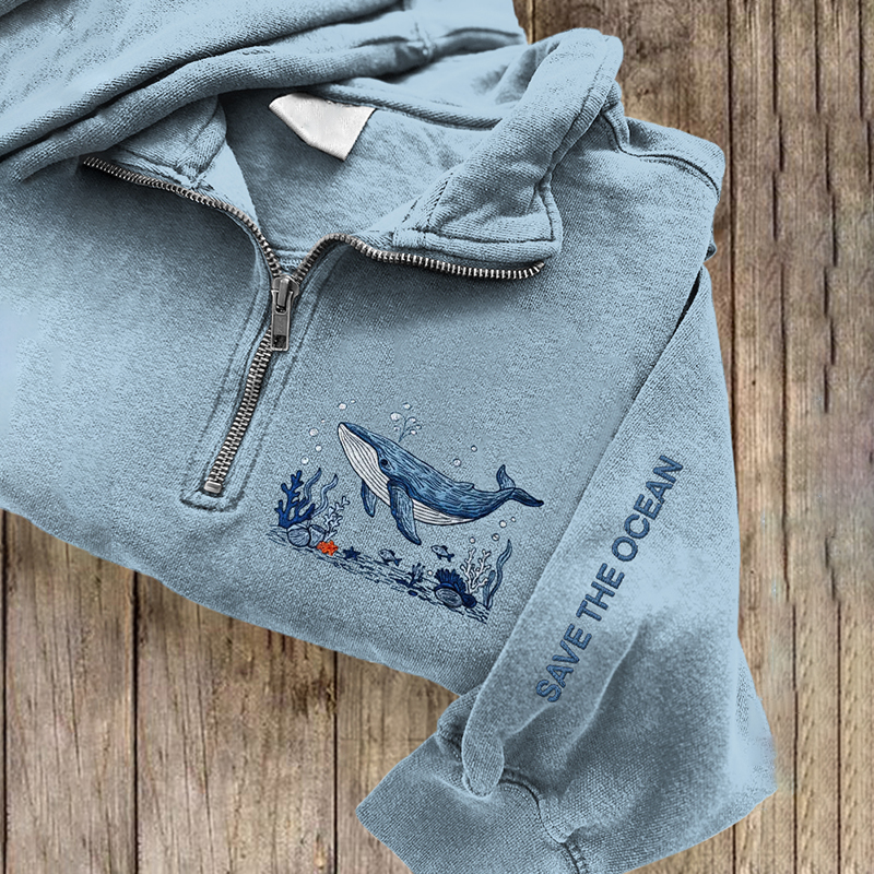 Save The Ocean Whale Embroidered Zip Up Sweatshirt