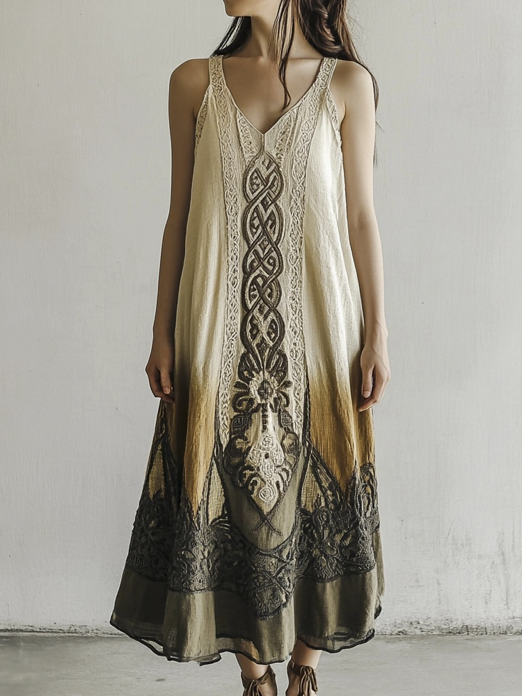 Vintage Celtic Knot Gradient Lace Linen Tank Dress