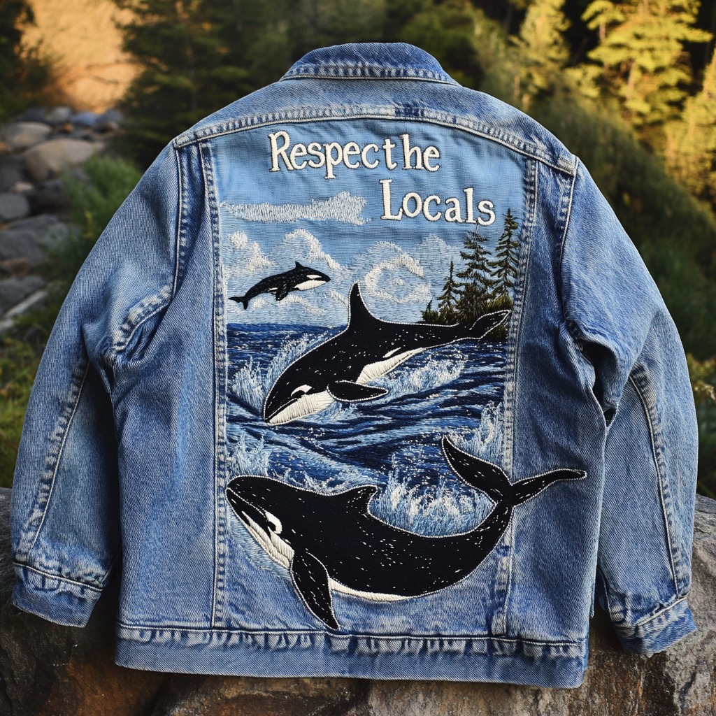 Retro Respect The Locals Waves And Killer Whales Embroidered Art Denim Jacket