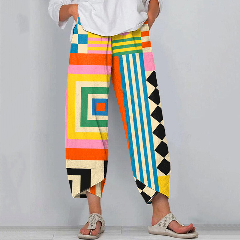 Women's Abstract Art Geometric Pattern Linen Blend Pants