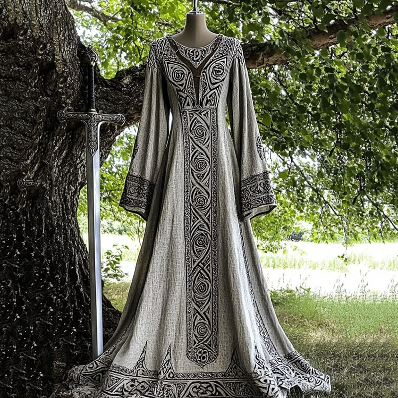 Vintage Viking Pattern V Neck Casual Maxi Dress