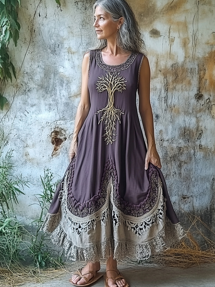 Women's Vintage Tribal Tree Of Life Patchwork Linen Blend Midi Dress
