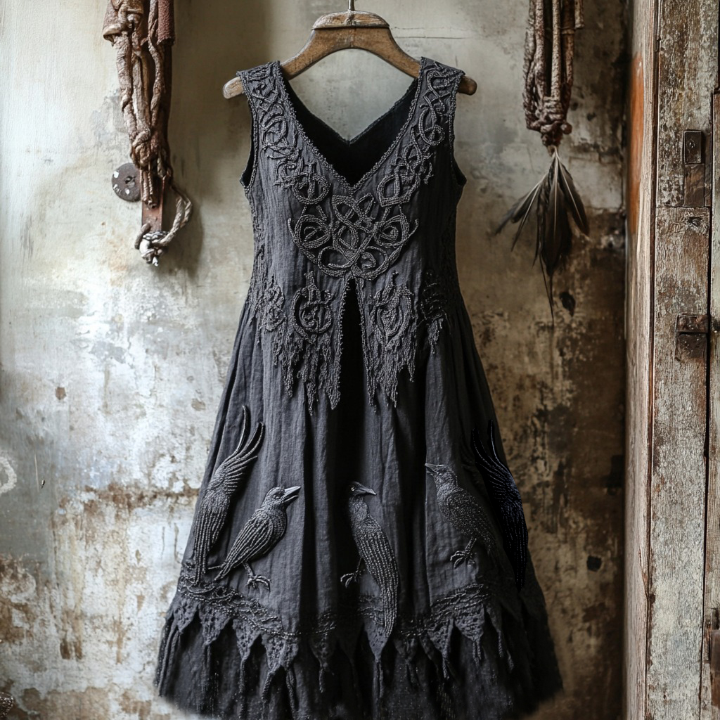 Women's Tribal Dark Night Raven Embroidery Celtic Lace Art Tank Dress