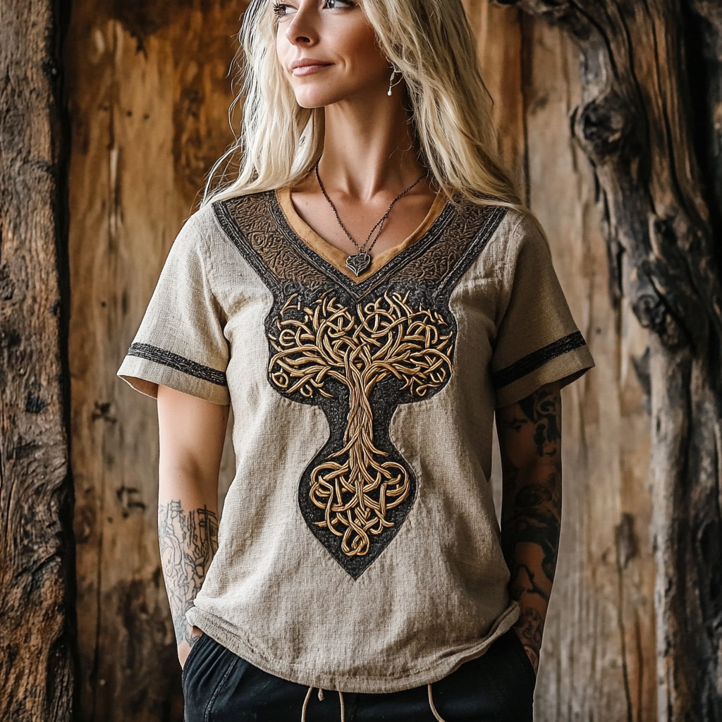 Women's Viking Tree Of Life Celtic Knot Art Linen T-shirt
