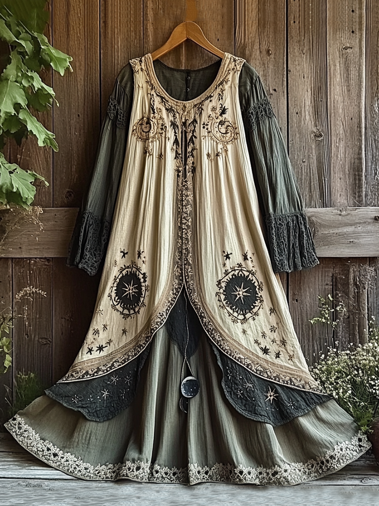 Women's Retro Tribal Star And Moon Splicing Cotton And Linen Long Dress