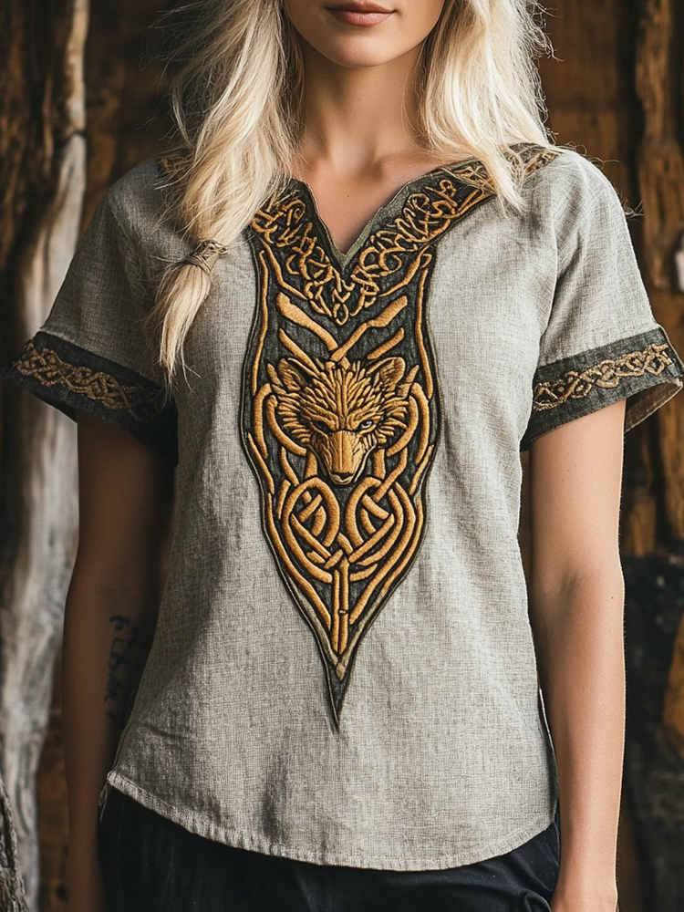 Womens Tribal Viking Wolf Celtic Knot Linen Shirt