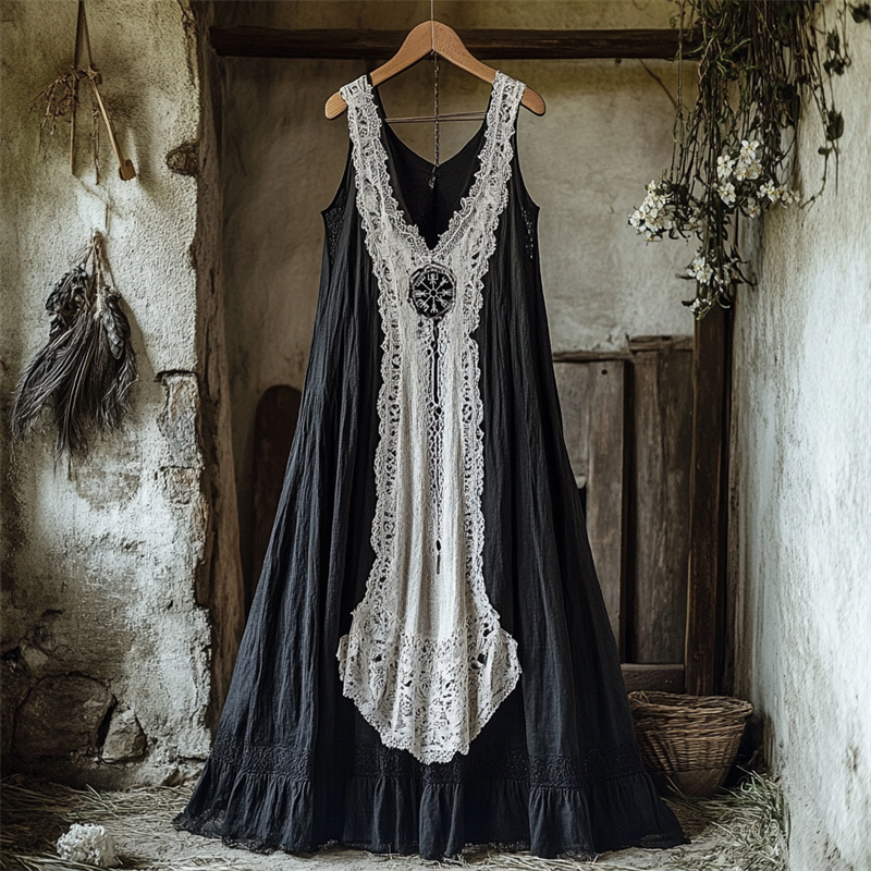 Viking Vegvisir Embroidered Lace Contrast Linen Tank Dress