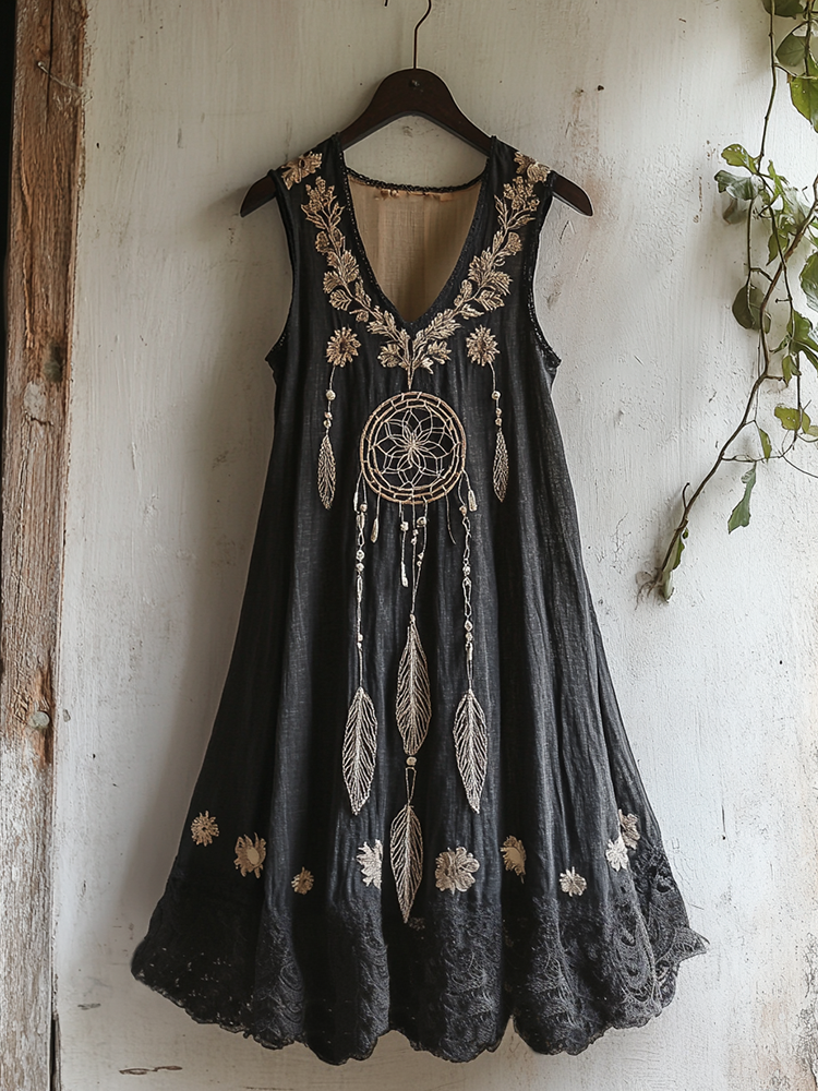 Women's Dreamcatcher Embroidered Flowy Linen Tank Dress