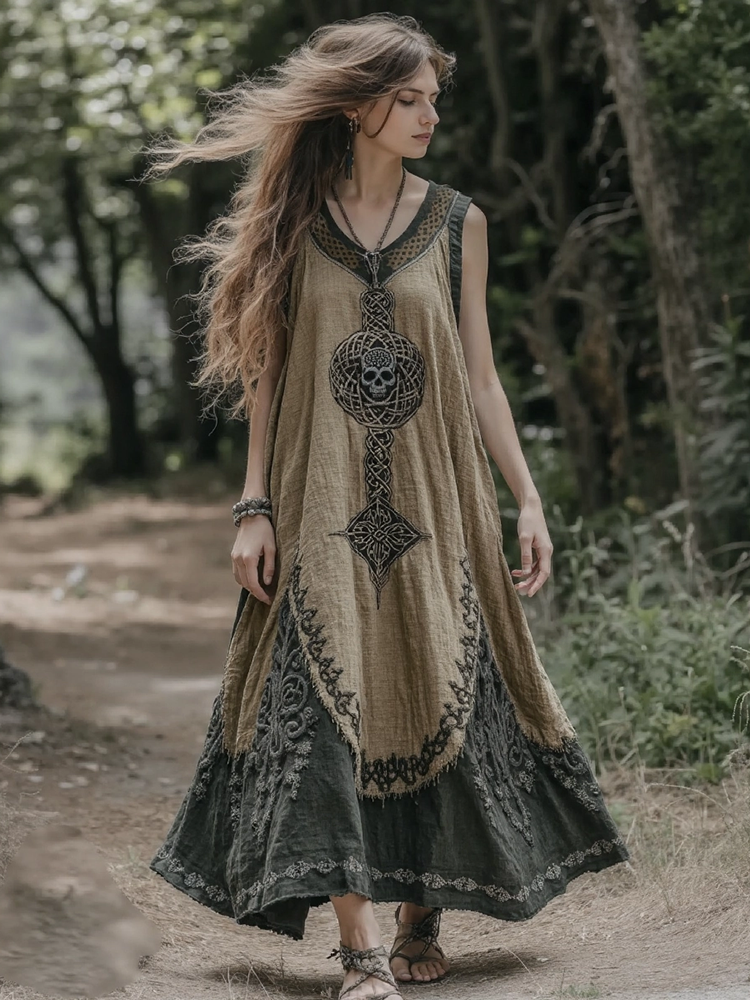 Vintage Tribal Viking Celtic Knot Linen Blend Tank Midi Dress