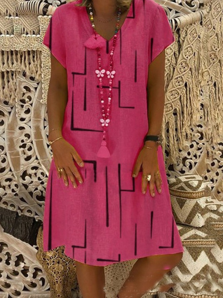 Geometric Pattern V Neck A Line Midi Dress