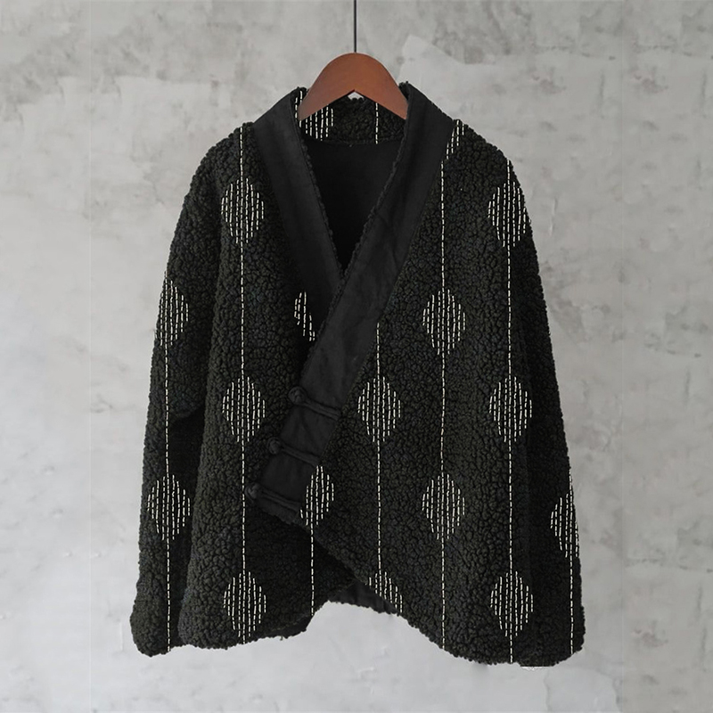 Japanese Embroidered Sashiko Art Cozy Fleece Kimono Cardigan